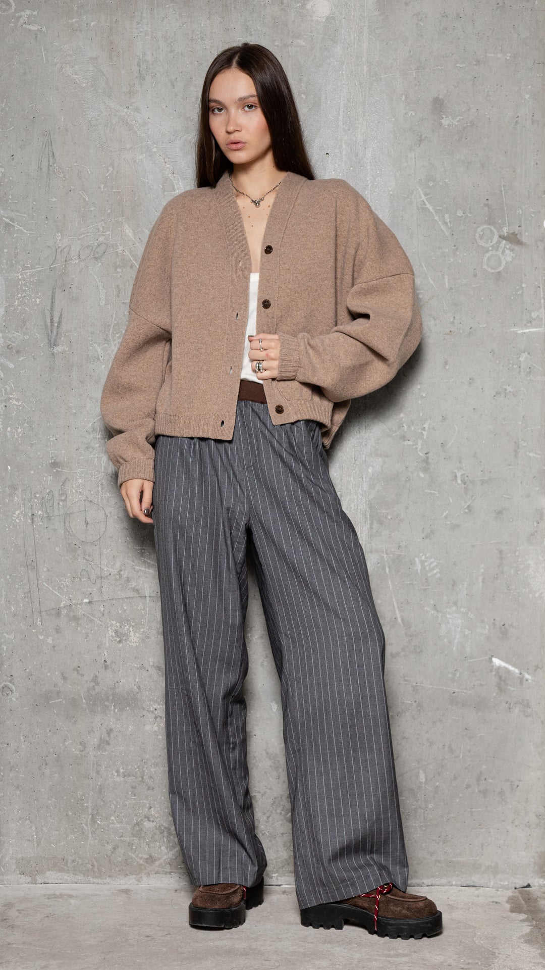 BEIGE MELANGE LAMBSWOOL LONG BOMBER JACKET