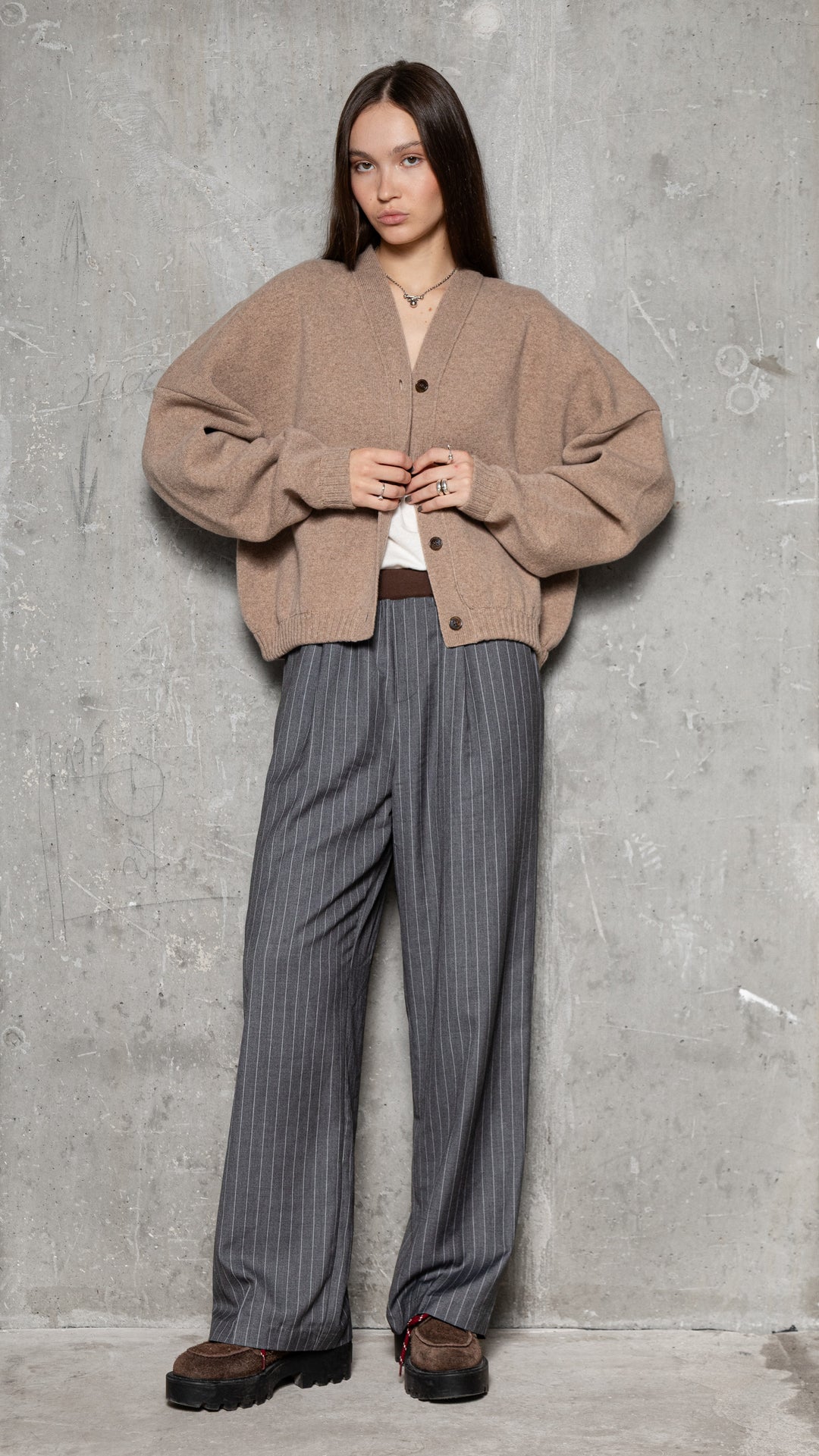 BEIGE MELANGE LAMBSWOOL LONG BOMBER JACKET