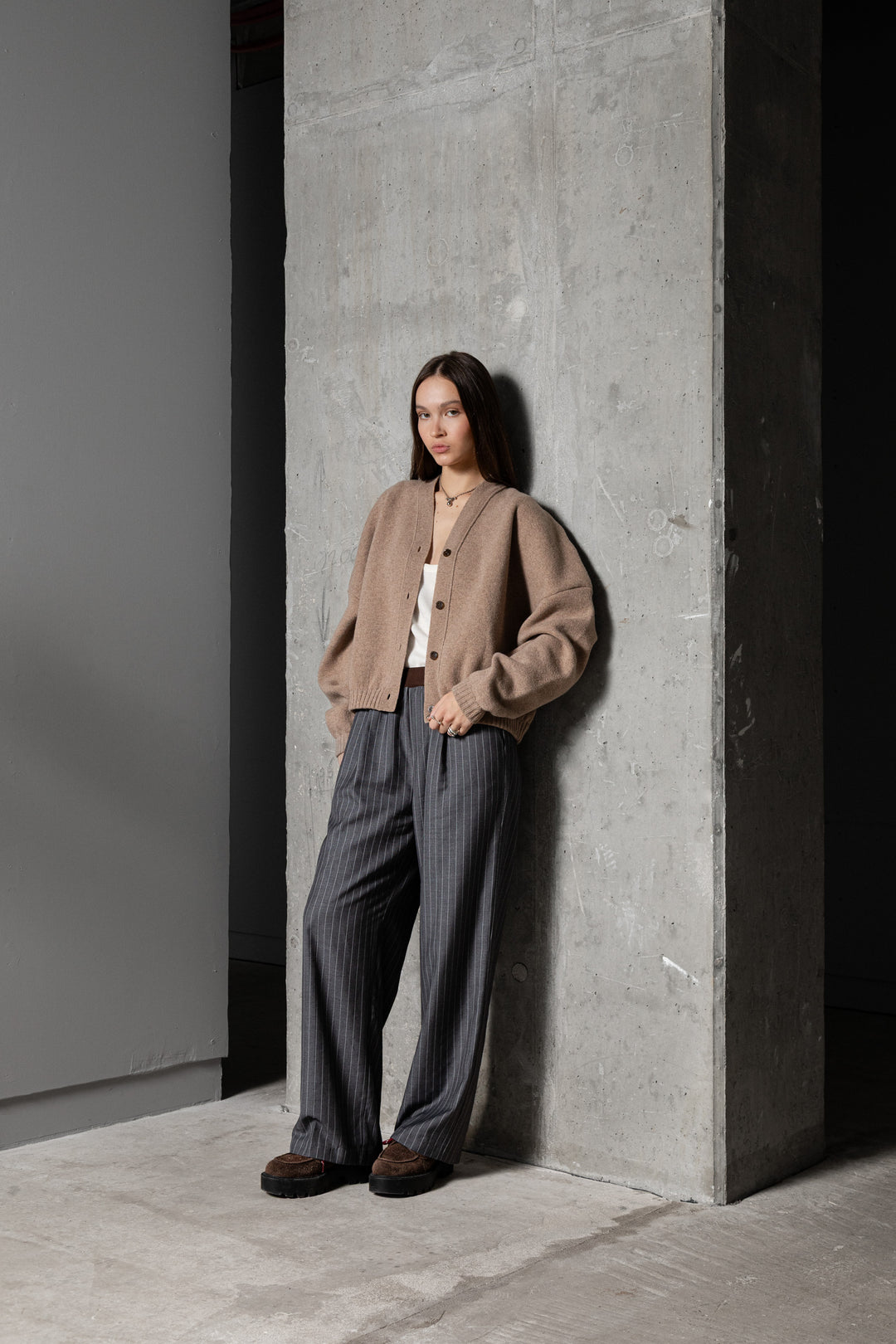 BEIGE MELANGE LAMBSWOOL LONG BOMBER JACKET