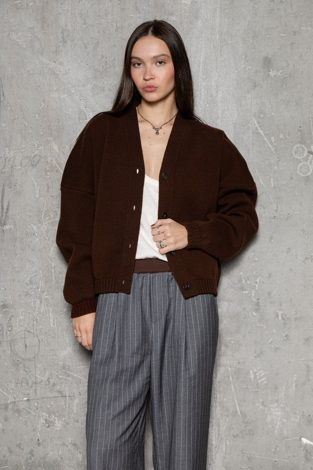 CHOCOLATE BROWN LAMBSWOOL LONG BOMBER JACKET