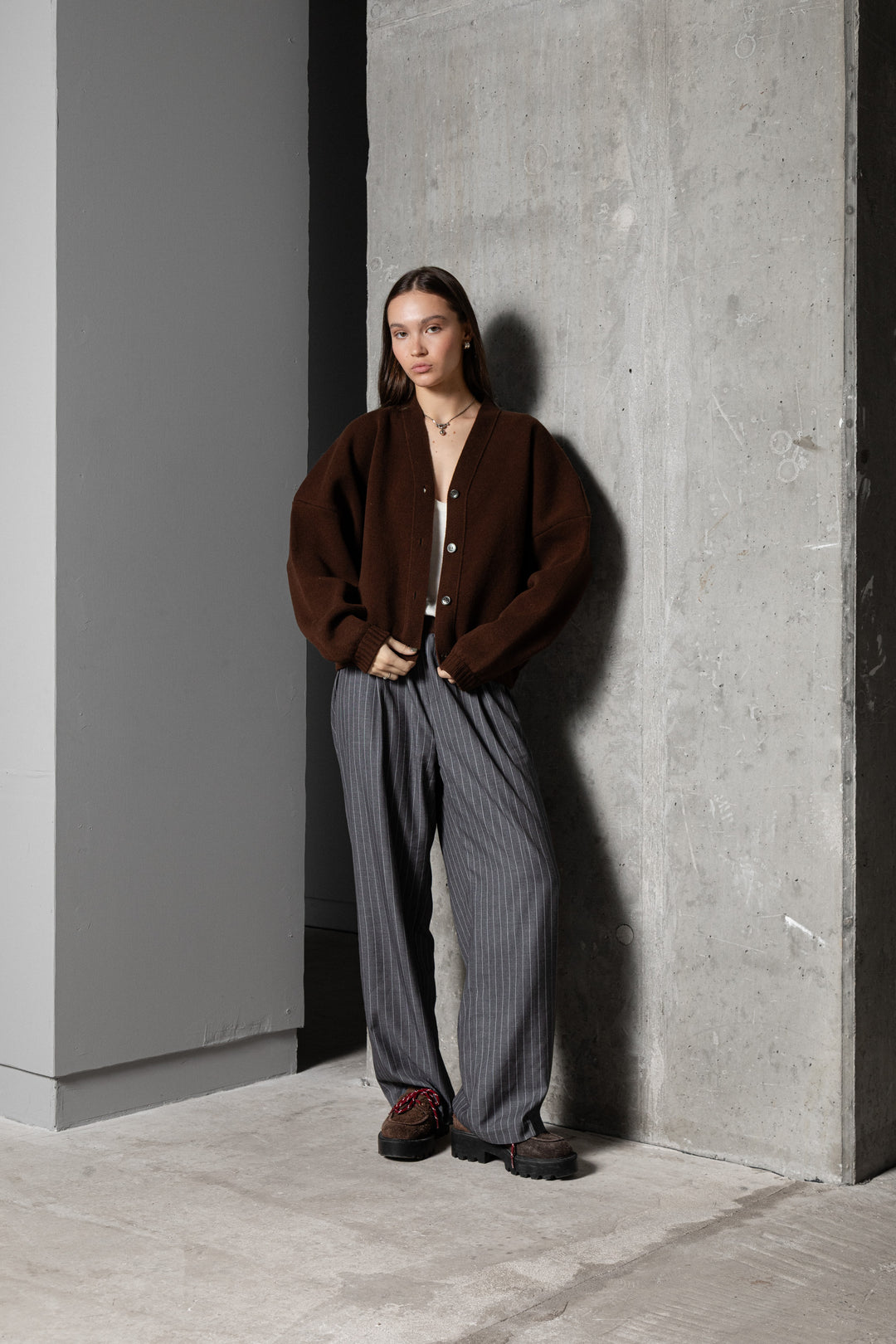 CHOCOLATE BROWN LAMBSWOOL LONG BOMBER JACKET