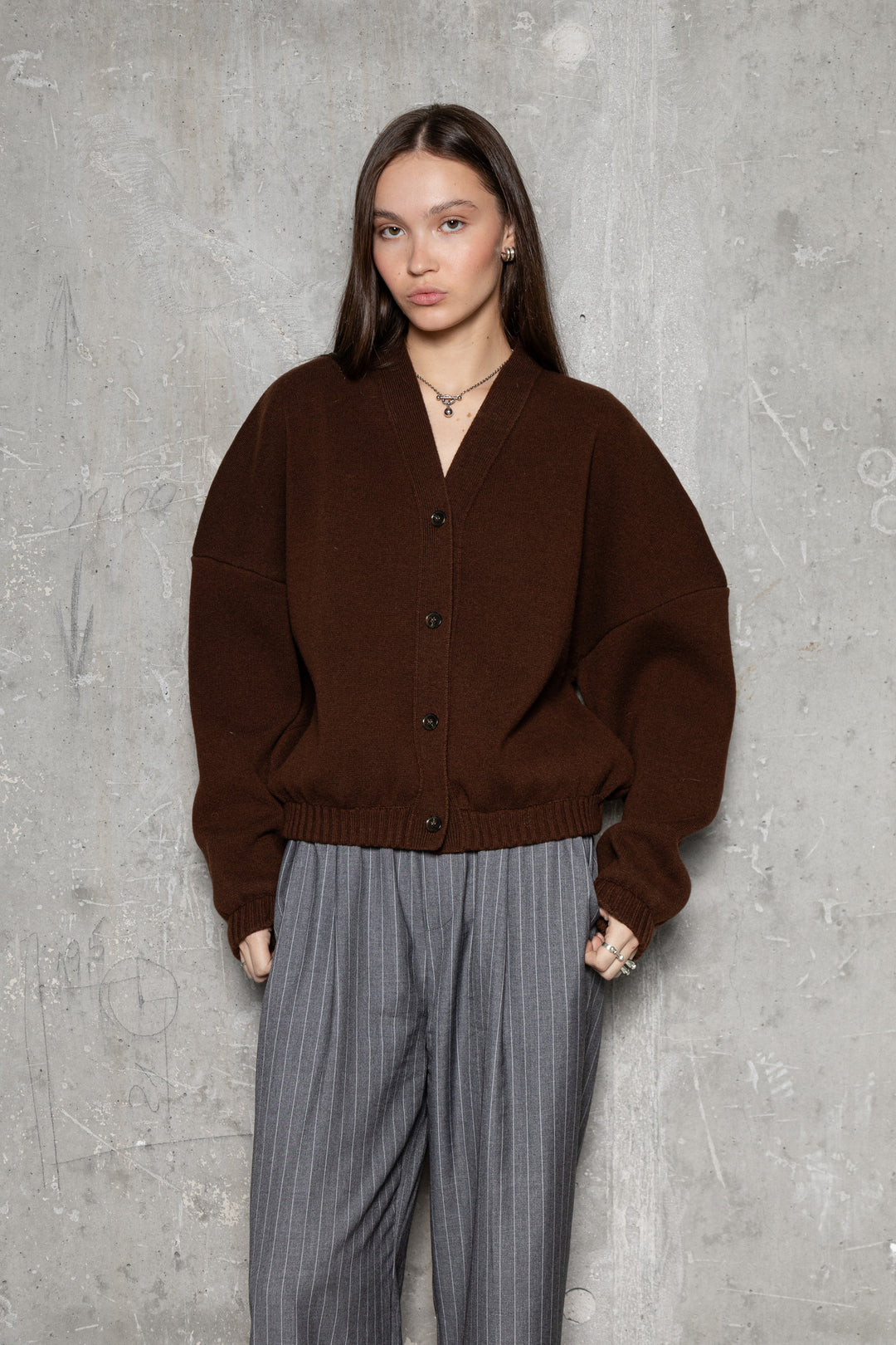 CHOCOLATE BROWN LAMBSWOOL LONG BOMBER JACKET