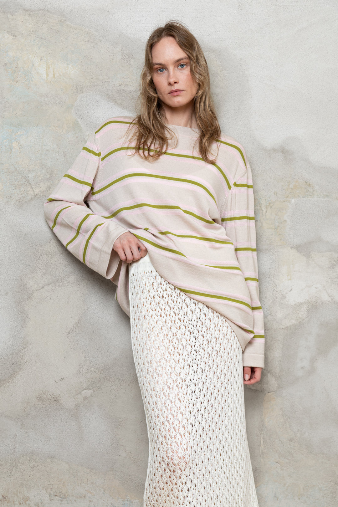 POWDER/LIME GREEN/SOFT PINK CASHMERE-MERINO WOOL SHIRT