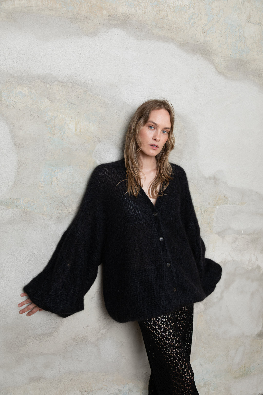 BLACK MOHAIR AND SILK CARDIGAN