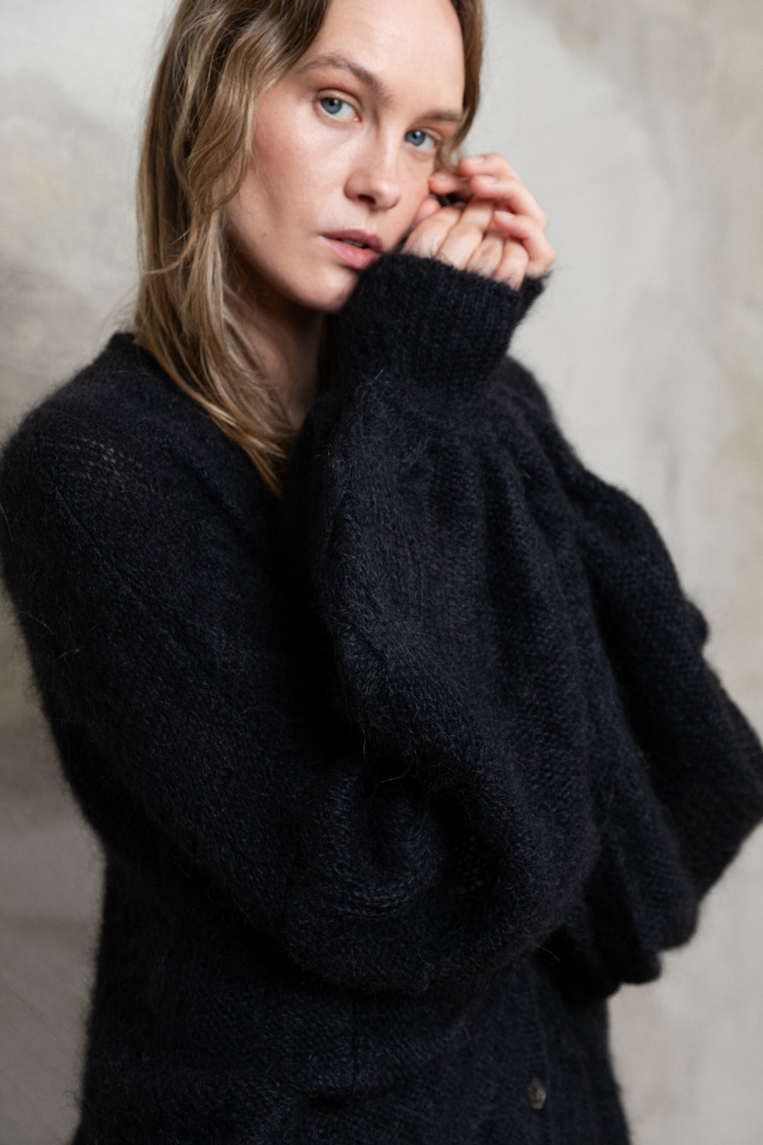 BLACK MOHAIR AND SILK CARDIGAN