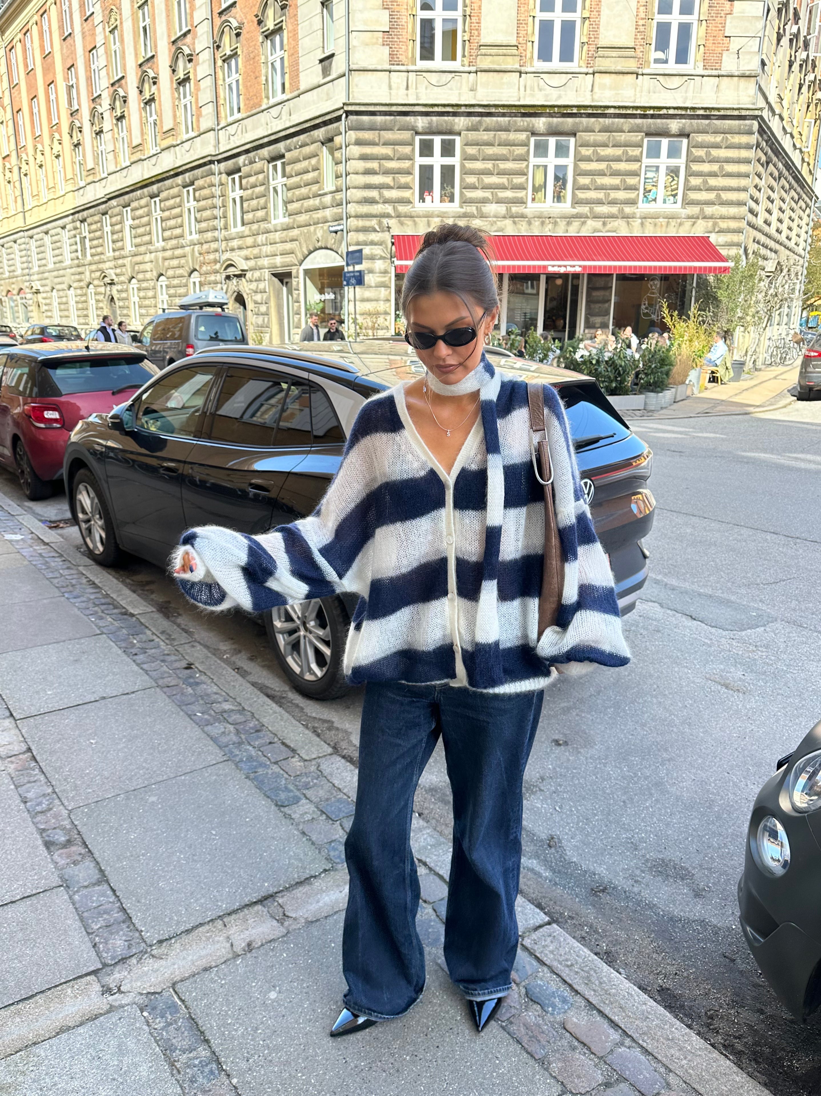PEARL/NAVY STRIPED MOHAIR AND SILK CARDIGAN for lovers and trees 