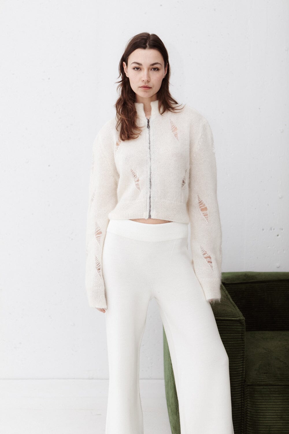PEARL MOHAIR AND SILK CROPPED ZIP CARDIGAN for lovers and trees 