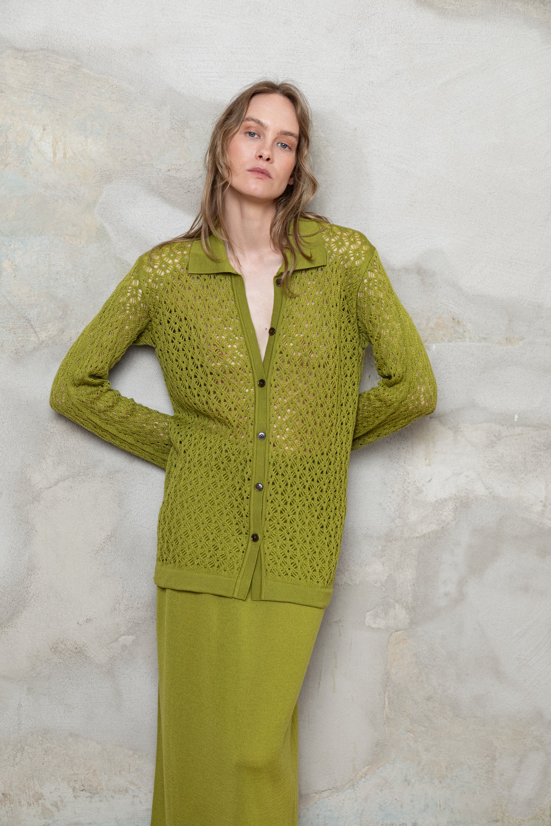 PEAR GREEN EXTRA FINE MERINO WOOL LACE POLO SHIRT