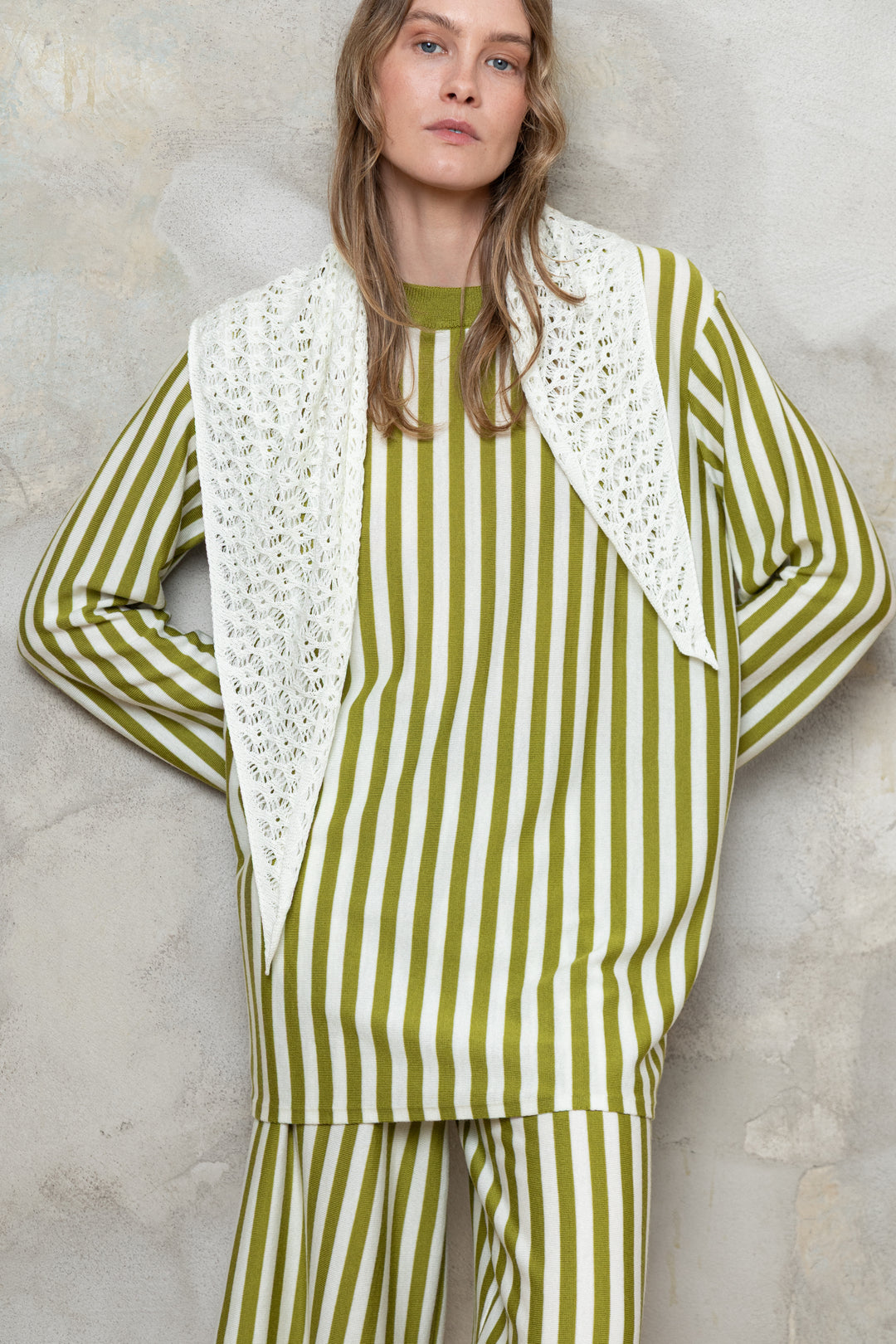 PEARL/PEAR GREEN VERTICAL STRIPE EXTRA FINE MERINO WOOL SHIRT