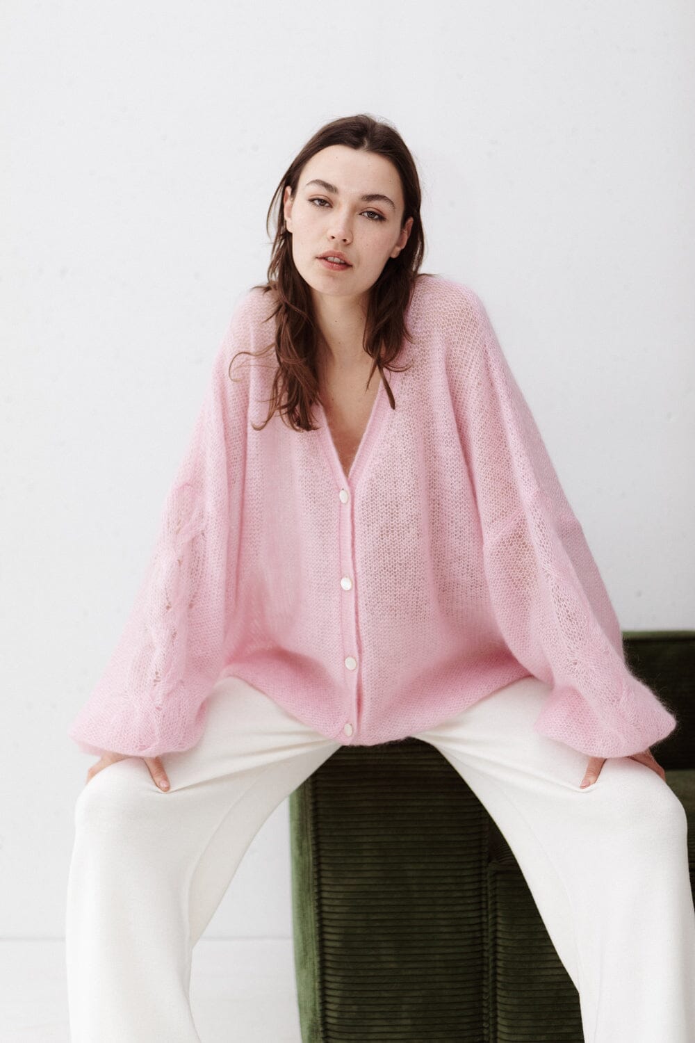 BUBBLE GUM PINK MOHAIR AND SILK CARDIGAN for lovers and trees 