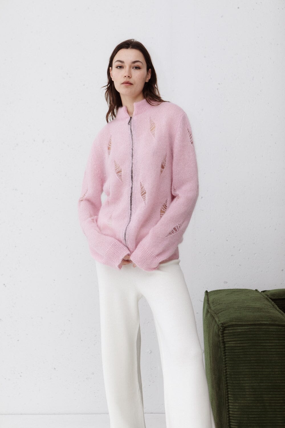 BUBBLE GUM PINK MOHAIR AND SILK ZIP CARDIGAN for lovers and trees 