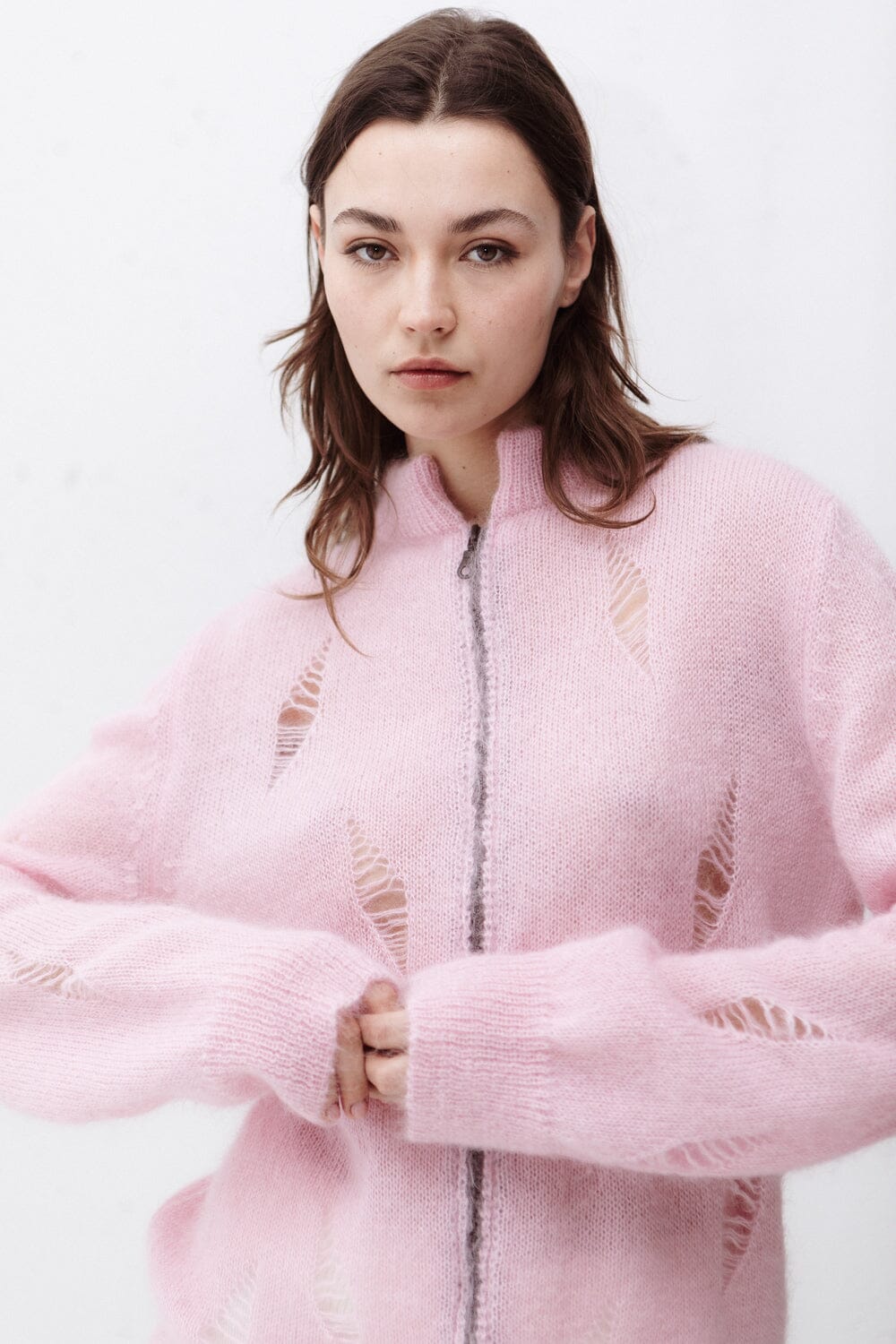 BUBBLE GUM PINK MOHAIR AND SILK ZIP CARDIGAN for lovers and trees 
