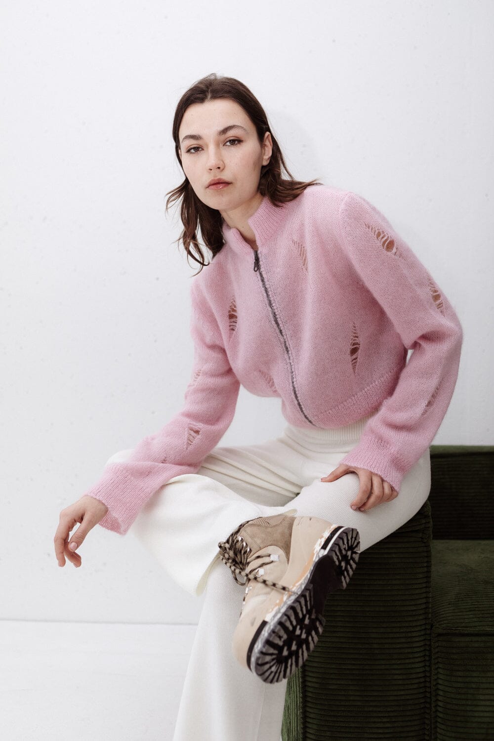 BUBBLE GUM PINK MOHAIR AND SILK CROPPED ZIP CARDIGAN for lovers and trees 