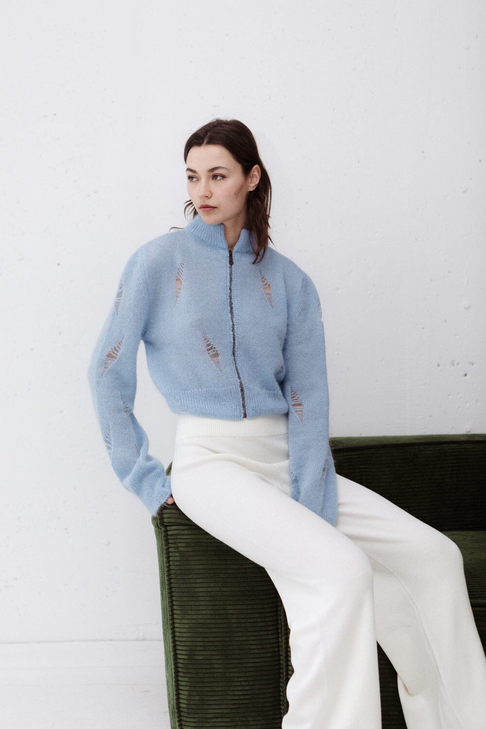 CLOUD BLUE MOHAIR AND SILK CROPPED ZIP CARDIGAN for lovers and trees 