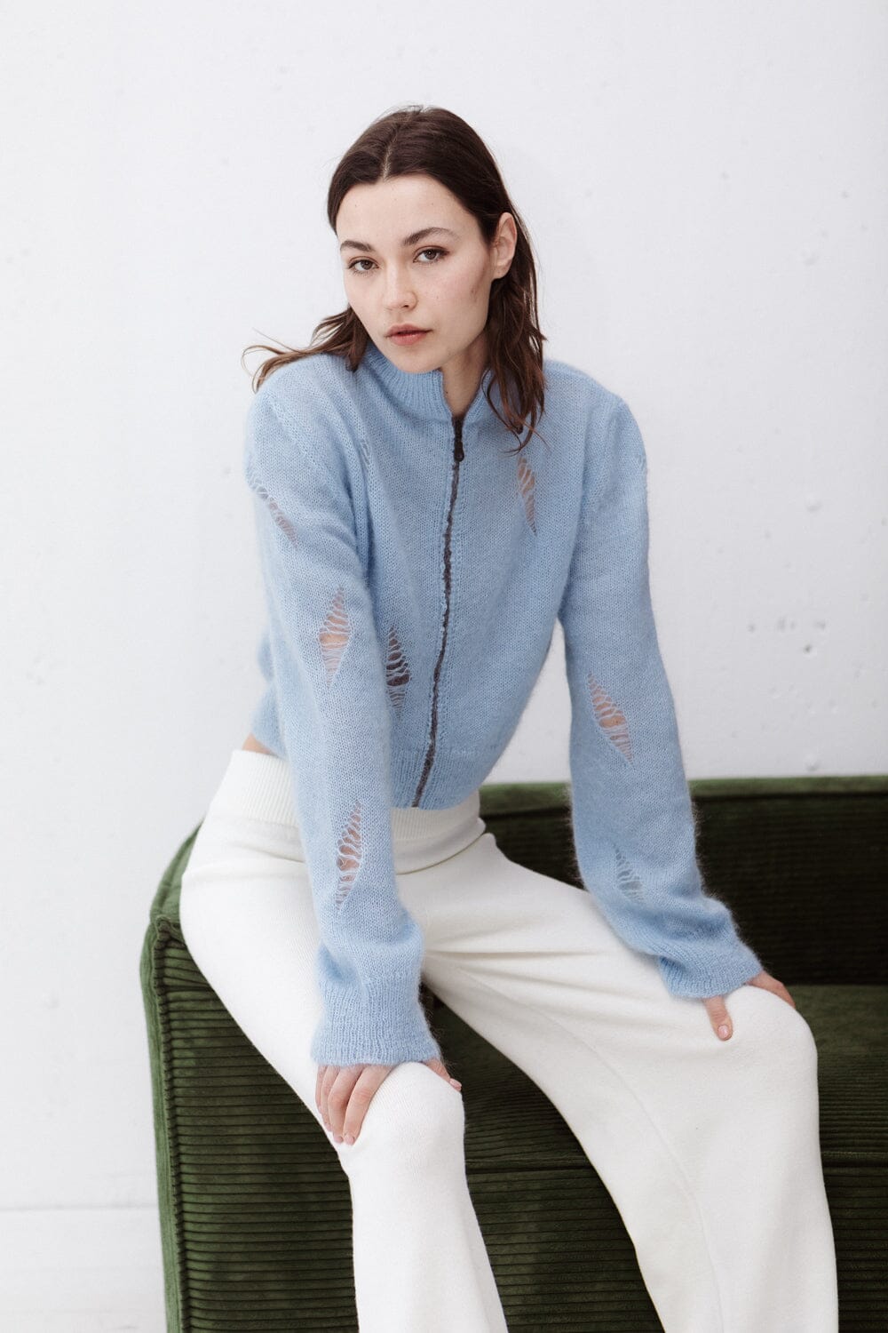 CLOUD BLUE MOHAIR AND SILK CROPPED ZIP CARDIGAN for lovers and trees 