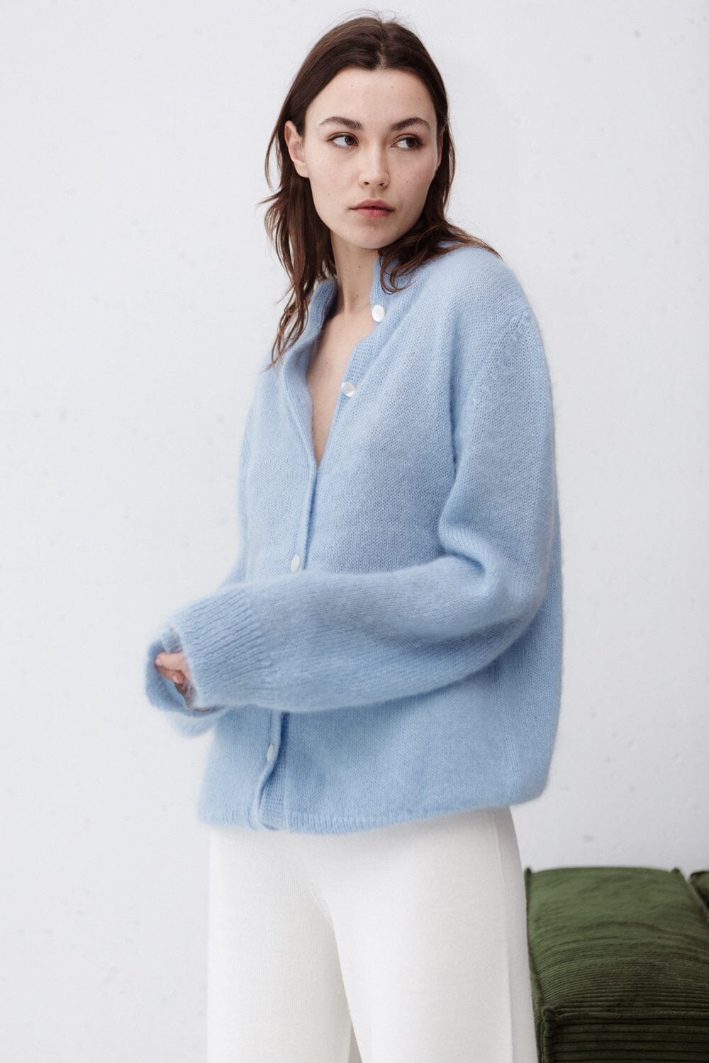 CLOUD BLUE MOHAIR AND SILK BUTTON DOWN CARDIGAN for lovers and trees 