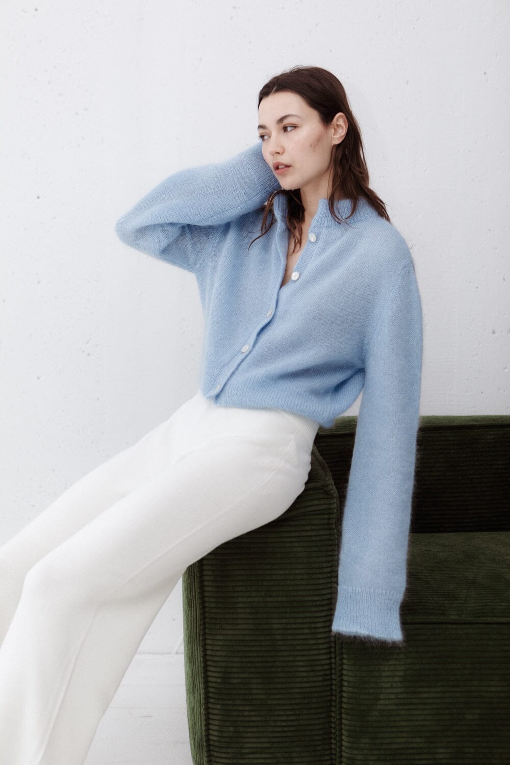 CLOUD BLUE MOHAIR AND SILK BUTTON DOWN CROPPED CARDIGAN for lovers and trees 