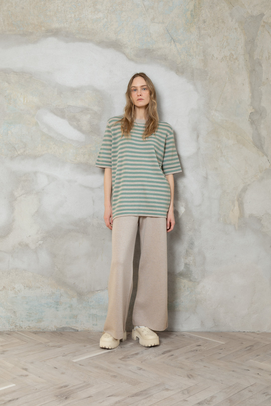 POWDER/SEA GREEN CASHMERE-MERINO WOOL T-SHIRT