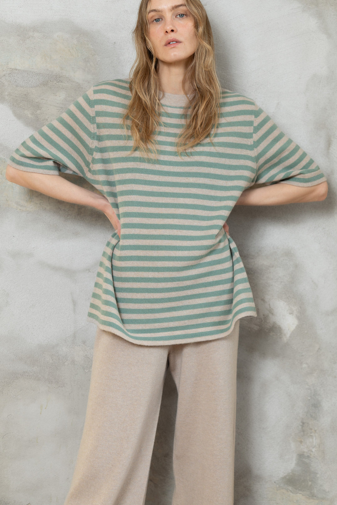 POWDER/SEA GREEN CASHMERE-MERINO WOOL T-SHIRT