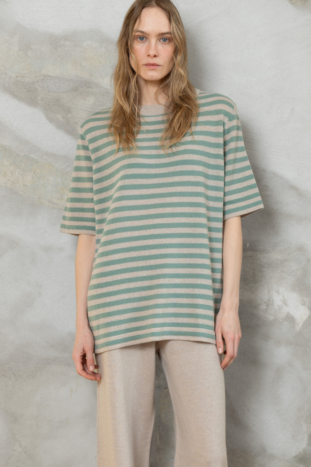 POWDER/SEA GREEN CASHMERE-MERINO WOOL T-SHIRT