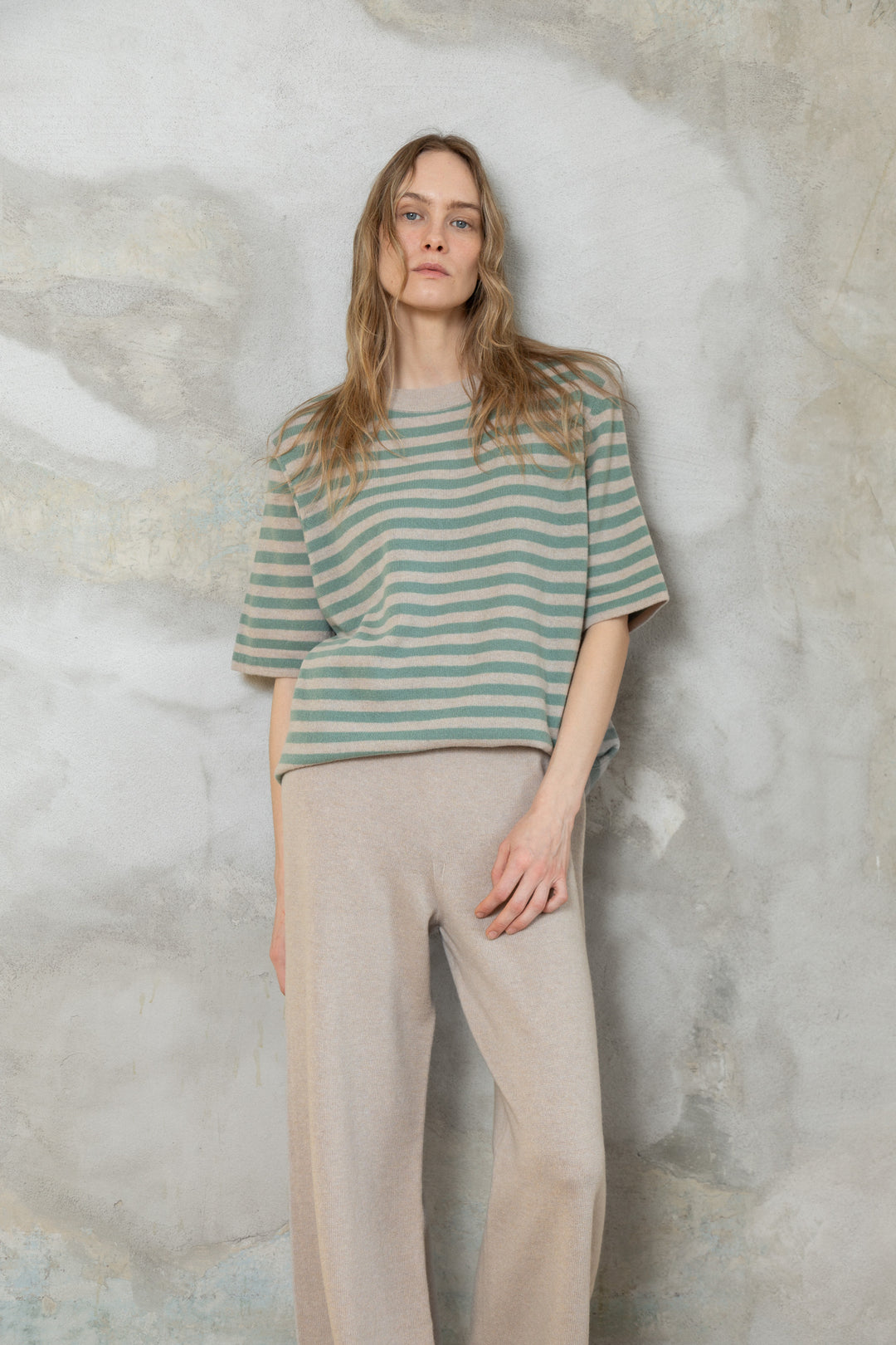 POWDER/SEA GREEN CASHMERE-MERINO WOOL T-SHIRT