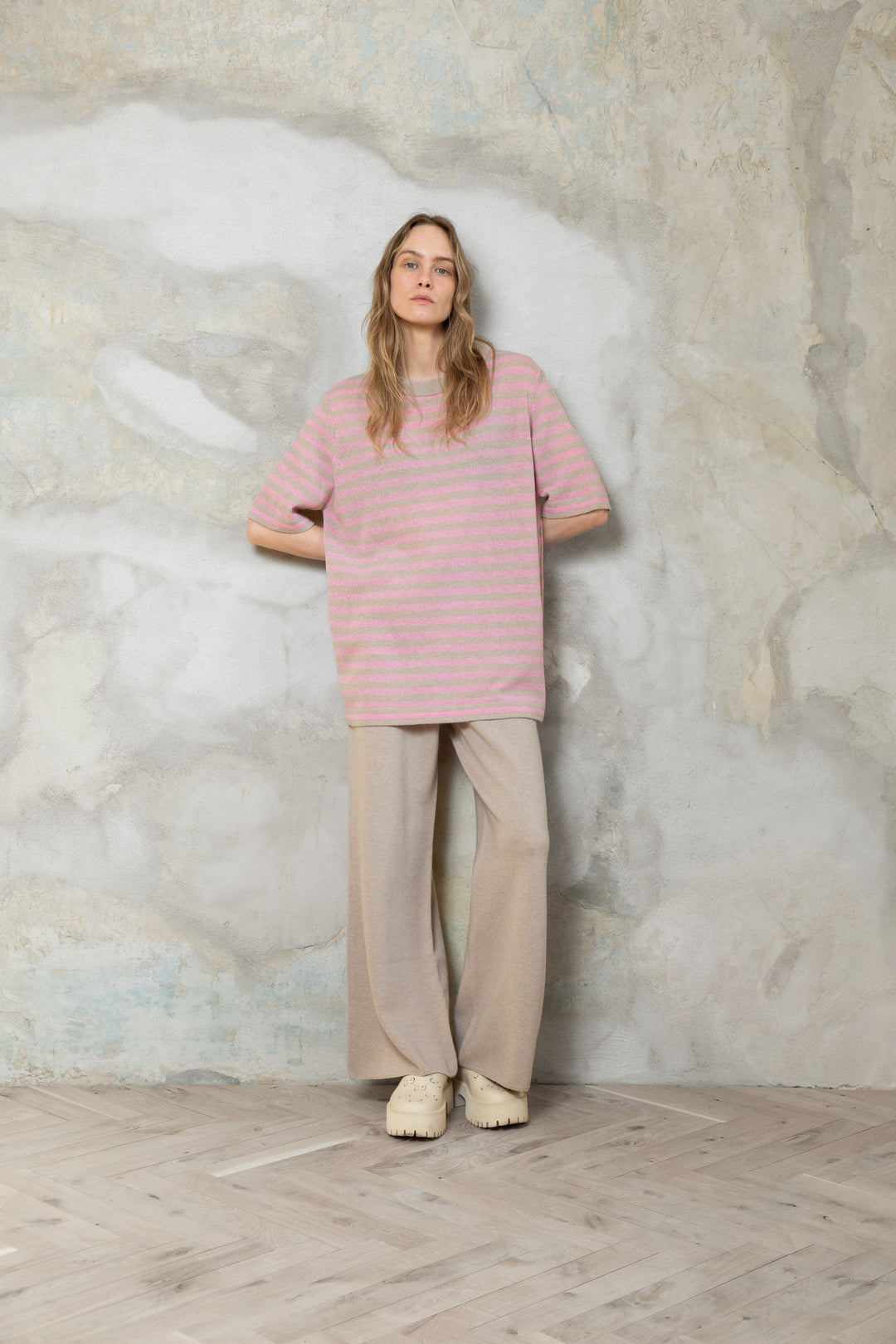POWDER/SOFT PINK CASHMERE-MERINO WOOL T-SHIRT