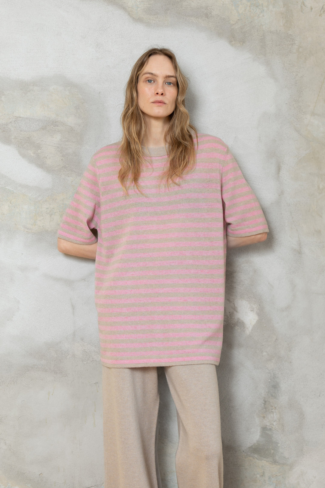 POWDER/SOFT PINK CASHMERE-MERINO WOOL T-SHIRT