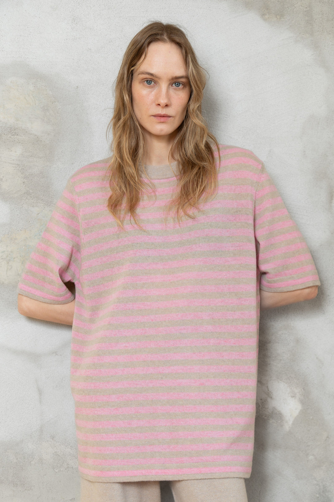 POWDER/SOFT PINK CASHMERE-MERINO WOOL T-SHIRT