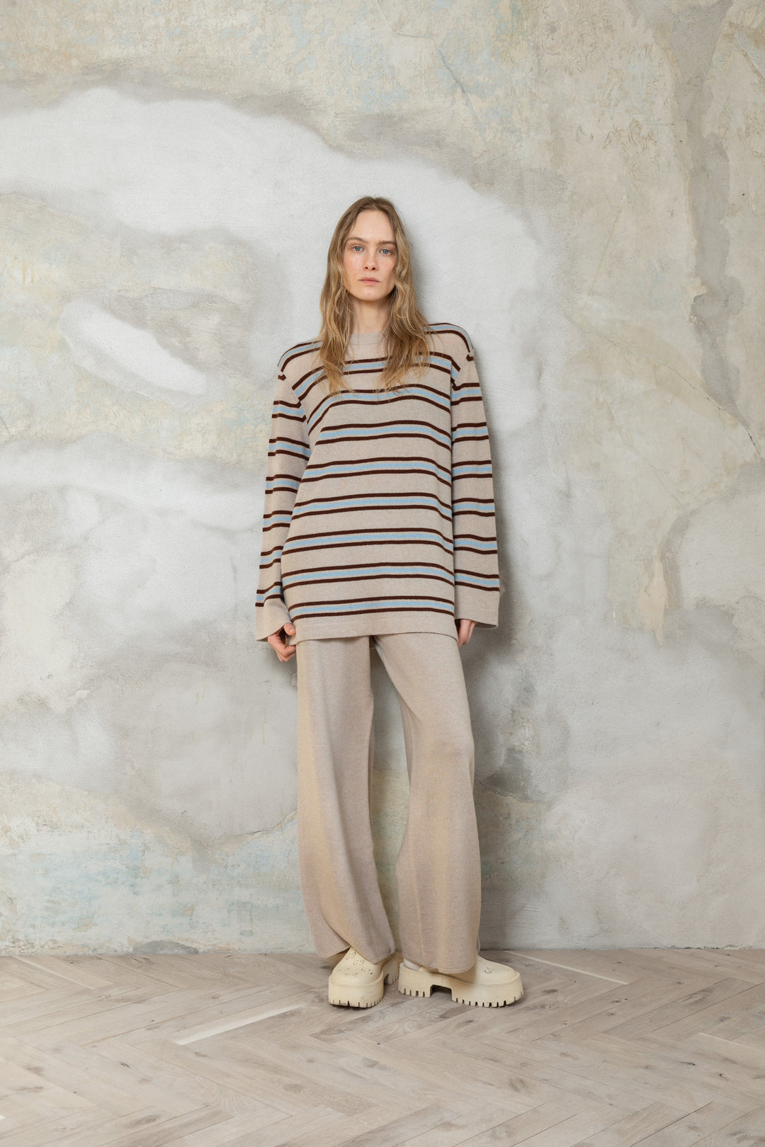 POWDER/CLOUD BLUE/CHOCOLATE CASHMERE-MERINO WOOL SHIRT