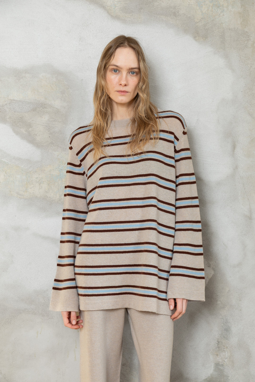 POWDER/CLOUD BLUE/CHOCOLATE CASHMERE-MERINO WOOL SHIRT