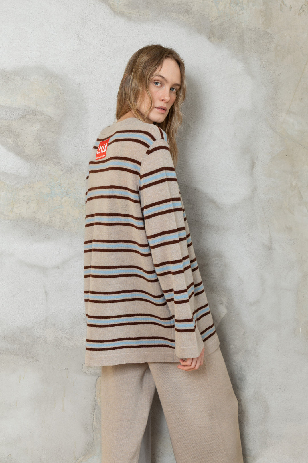 POWDER/CLOUD BLUE/CHOCOLATE CASHMERE-MERINO WOOL SHIRT