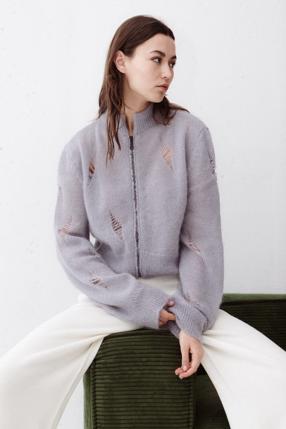 EARTHY GRAY MOHAIR AND SILK CROPPED ZIP CARDIGAN for lovers and trees 