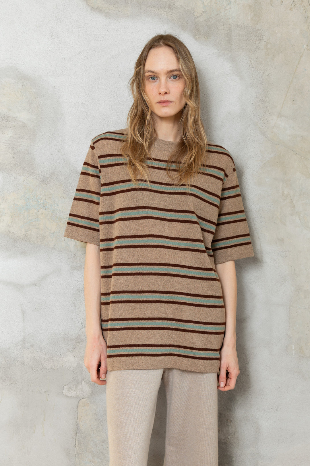 SAND/SEA GREEN/CHOCOLATE LAMBSWOOL T-SHIRT