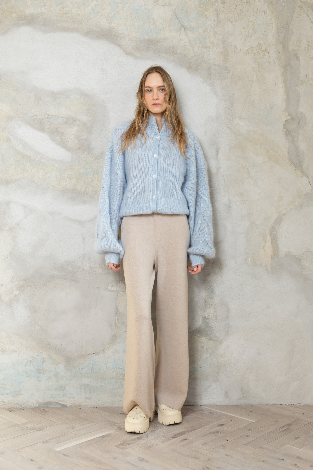 SOFT BLUE MOHAIR AND SILK BUTTON DOWN CARDIGAN