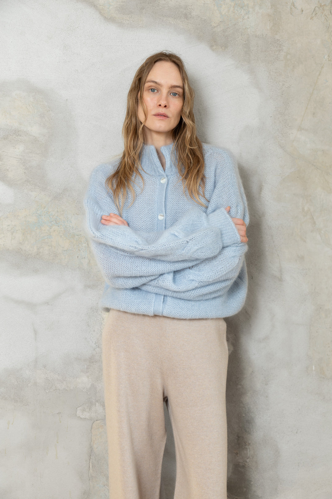 SOFT BLUE MOHAIR AND SILK BUTTON DOWN CARDIGAN