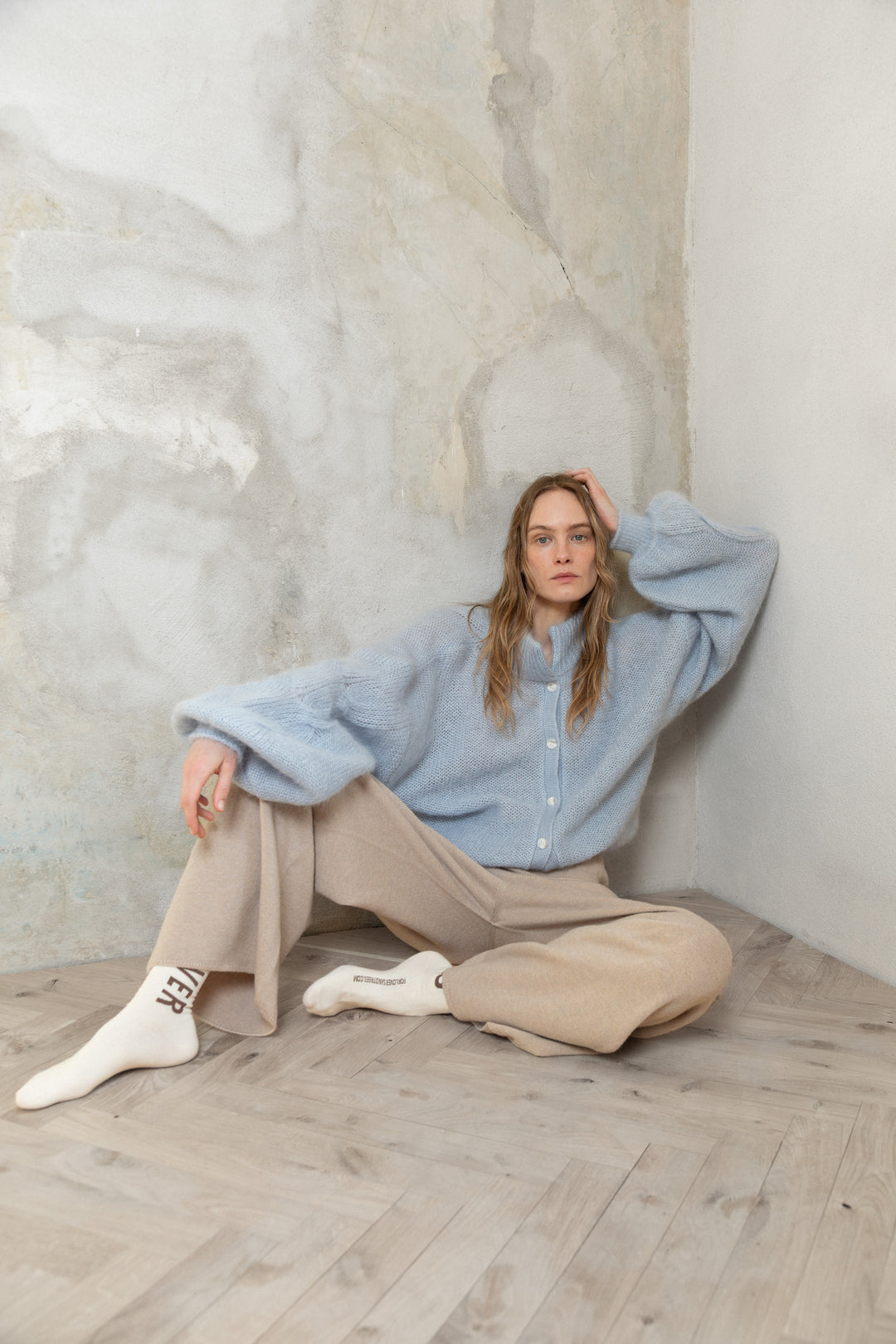 SOFT BLUE MOHAIR AND SILK BUTTON DOWN CARDIGAN