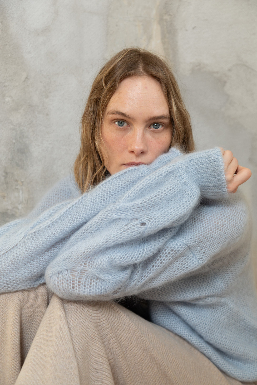 SOFT BLUE MOHAIR AND SILK BUTTON DOWN CARDIGAN