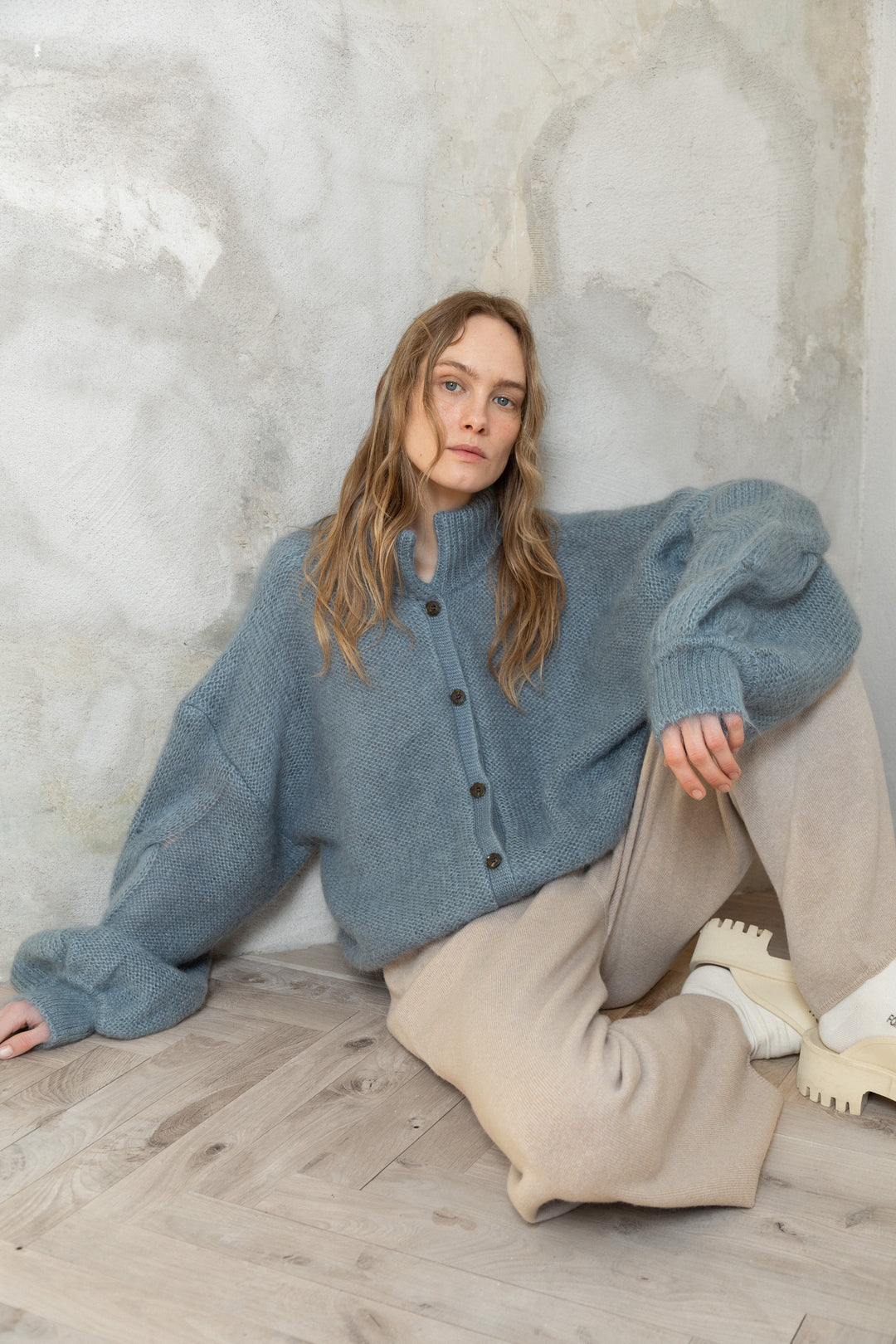 PIGEON BLUE MOHAIR AND SILK BUTTON DOWN CARDIGAN