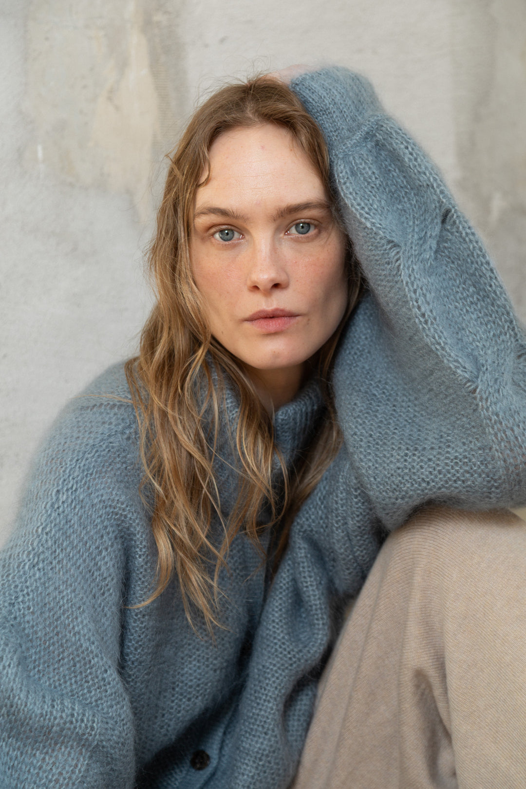PIGEON BLUE MOHAIR AND SILK BUTTON DOWN CARDIGAN