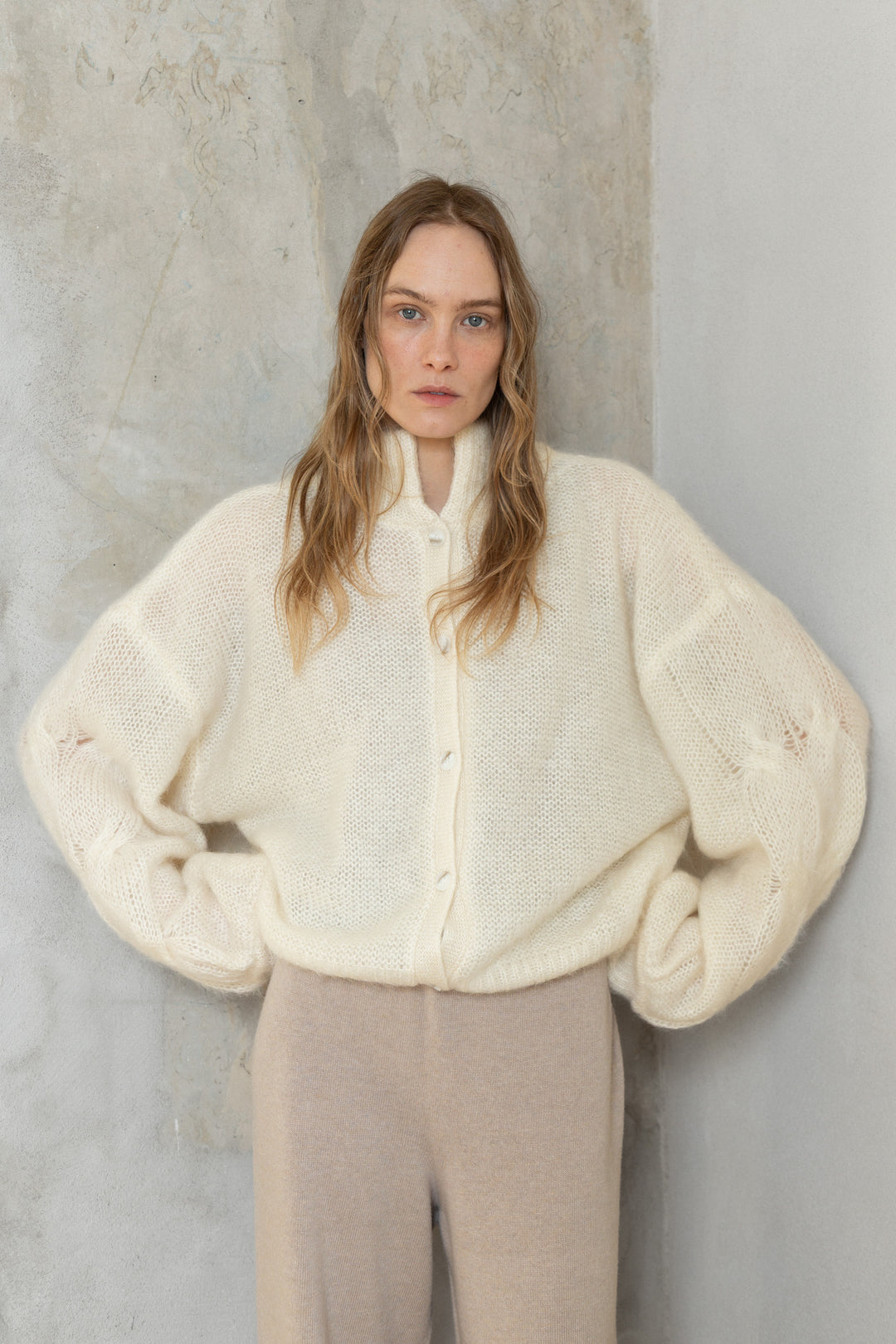 PEARL MOHAIR AND SILK BUTTON DOWN CARDIGAN