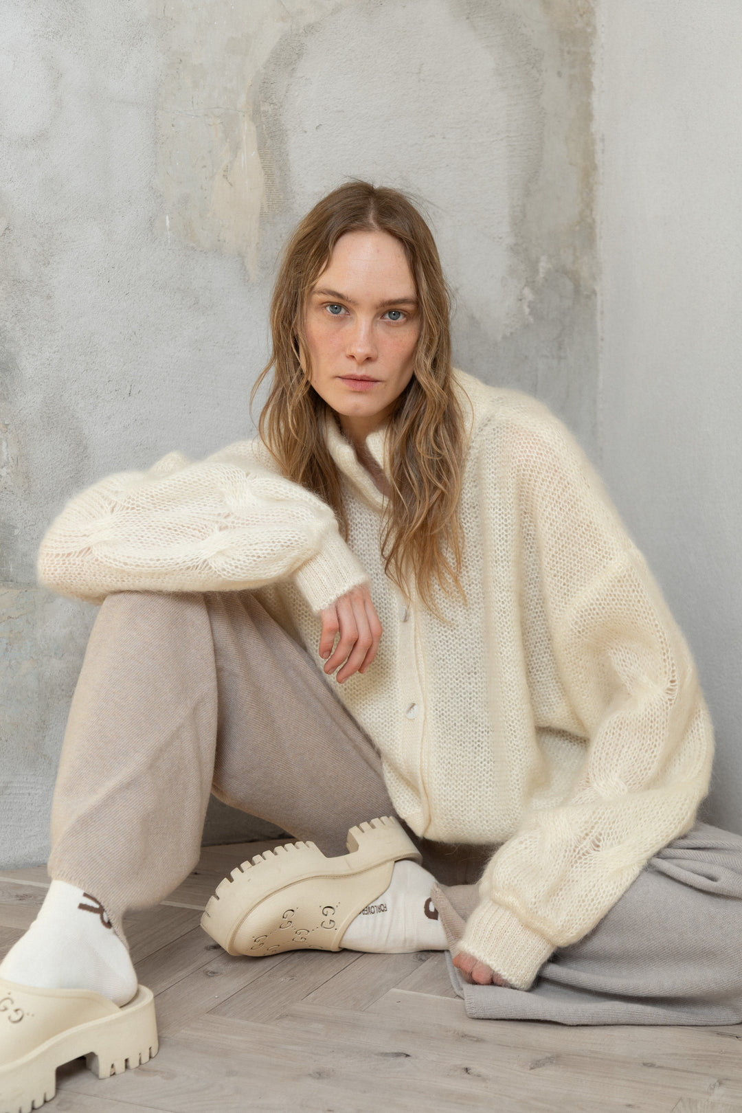 PEARL MOHAIR AND SILK BUTTON DOWN CARDIGAN