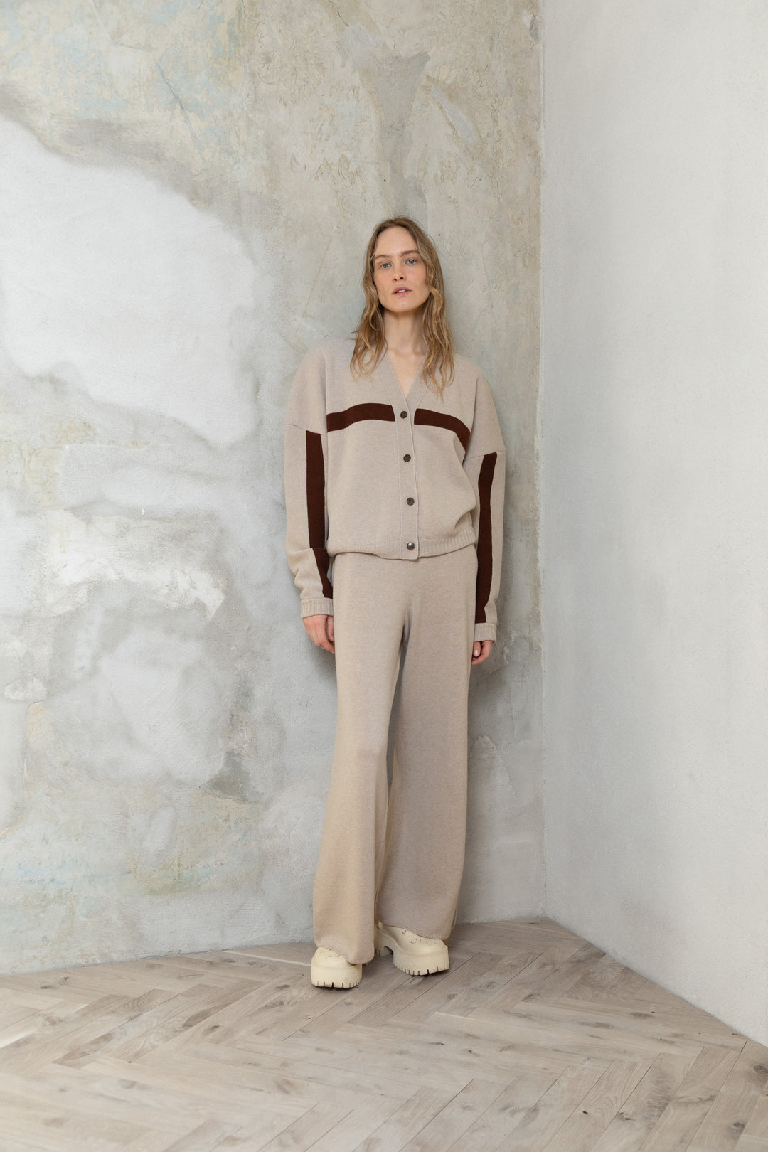 POWDER/CHOCOLATE CASHMERE-MERINO WOOL BOMBER JACKET