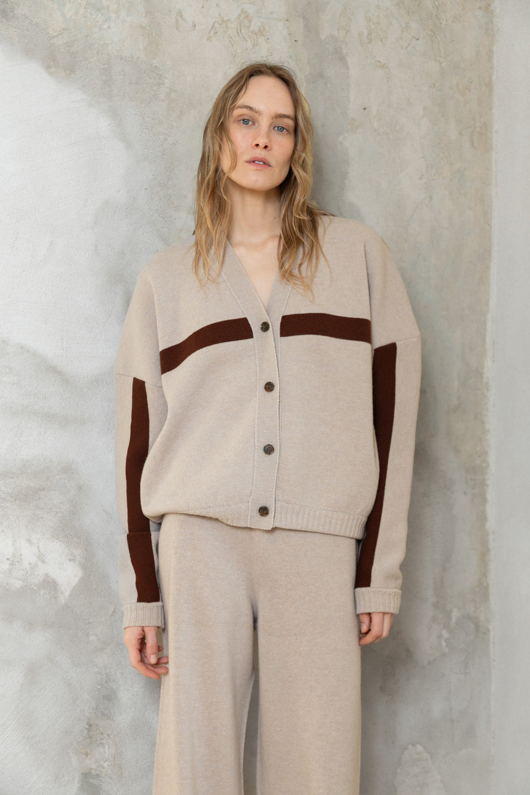 POWDER/CHOCOLATE CASHMERE-MERINO WOOL BOMBER JACKET