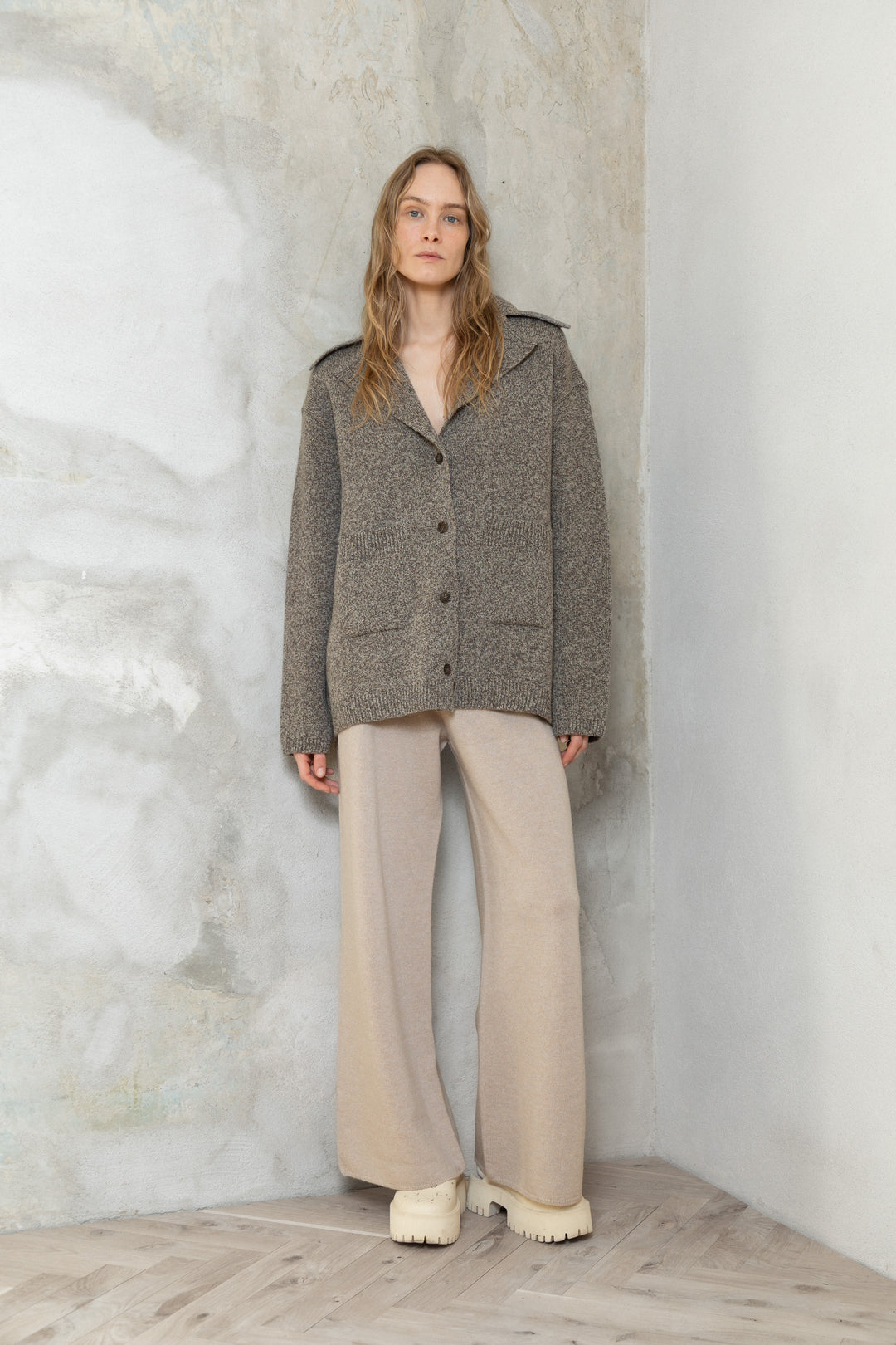 SAND MELANGE CASHMERE-MERINO WOOL JACKET CARDIGAN