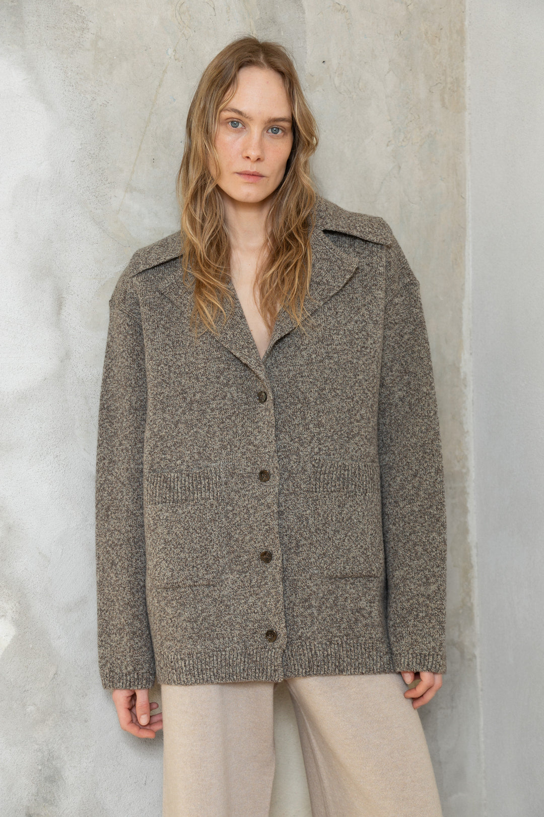 SAND MELANGE CASHMERE-MERINO WOOL JACKET CARDIGAN