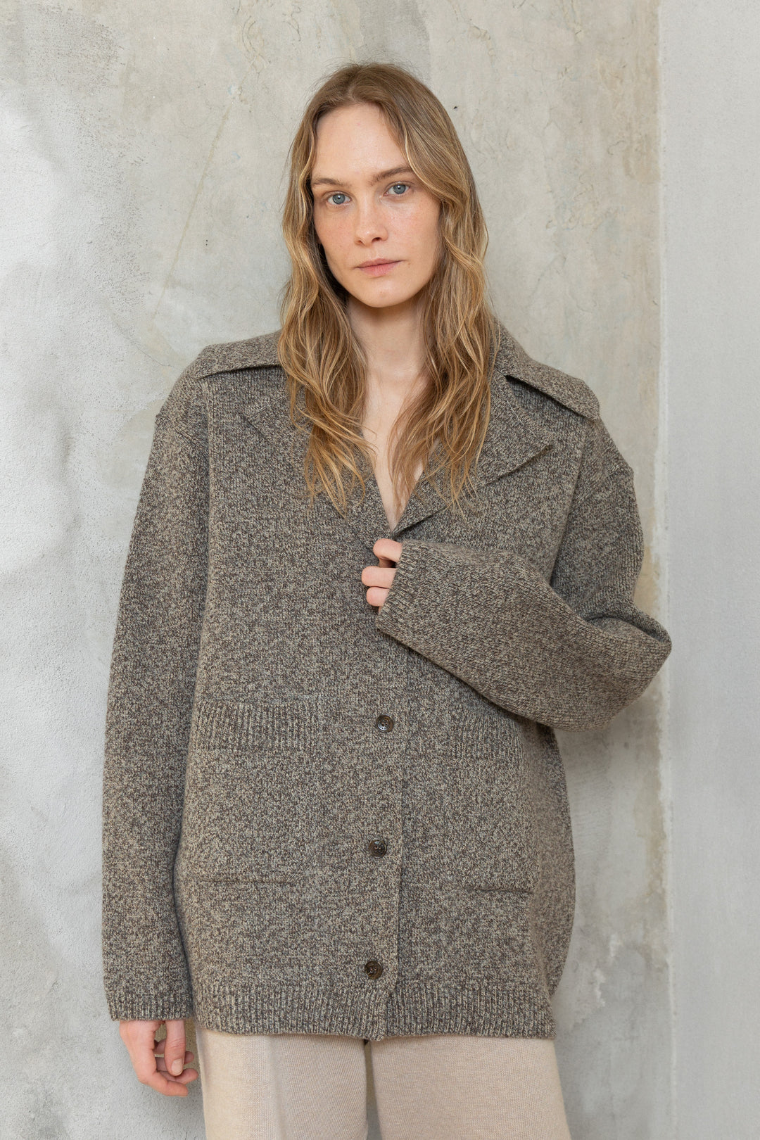 SAND MELANGE CASHMERE-MERINO WOOL JACKET CARDIGAN