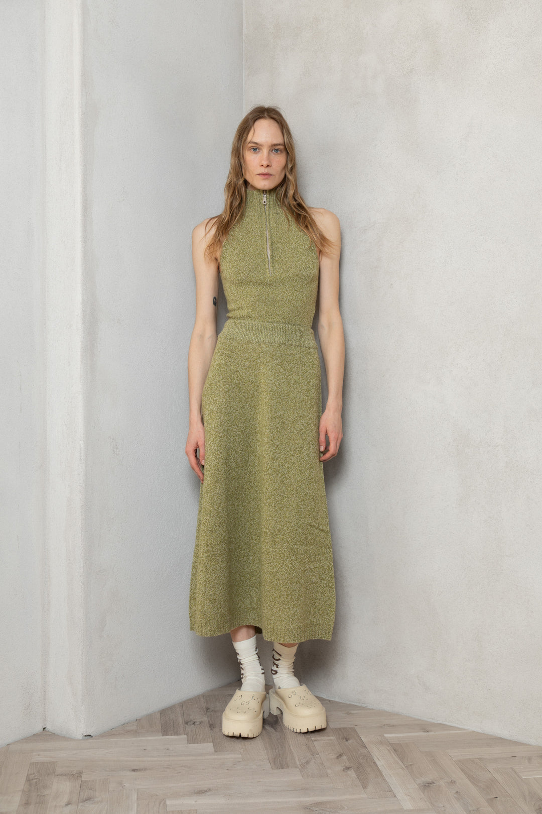 MOSS GREEN MELANGE CASHMERE-MERINO WOOL MAXI SKIRT