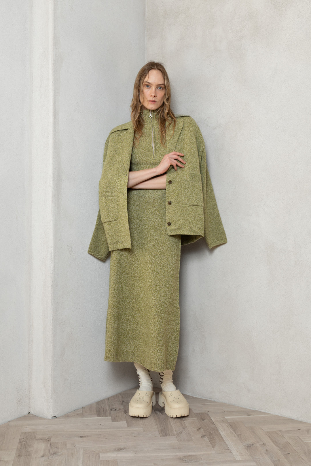 MOSS GREEN MELANGE CASHMERE-MERINO WOOL MAXI SKIRT