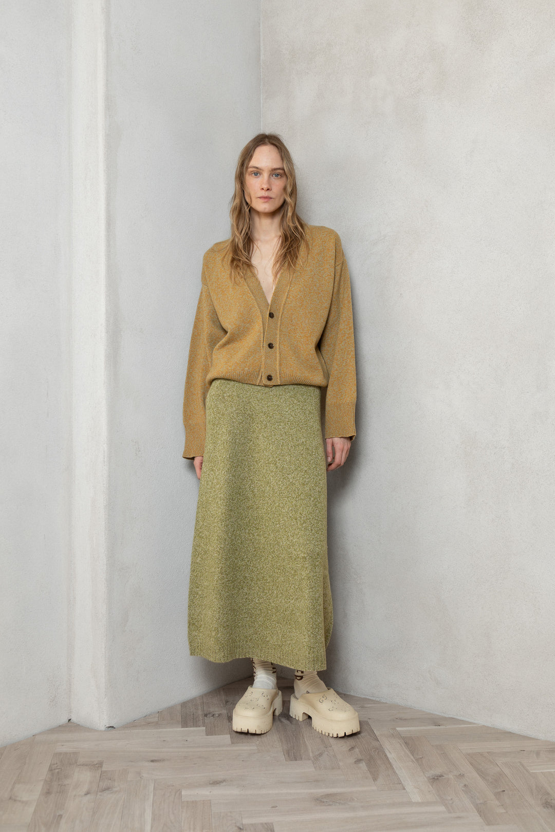 YELLOW MELANGE CASHMERE-MERINO WOOL LONG BOMBER JACKET