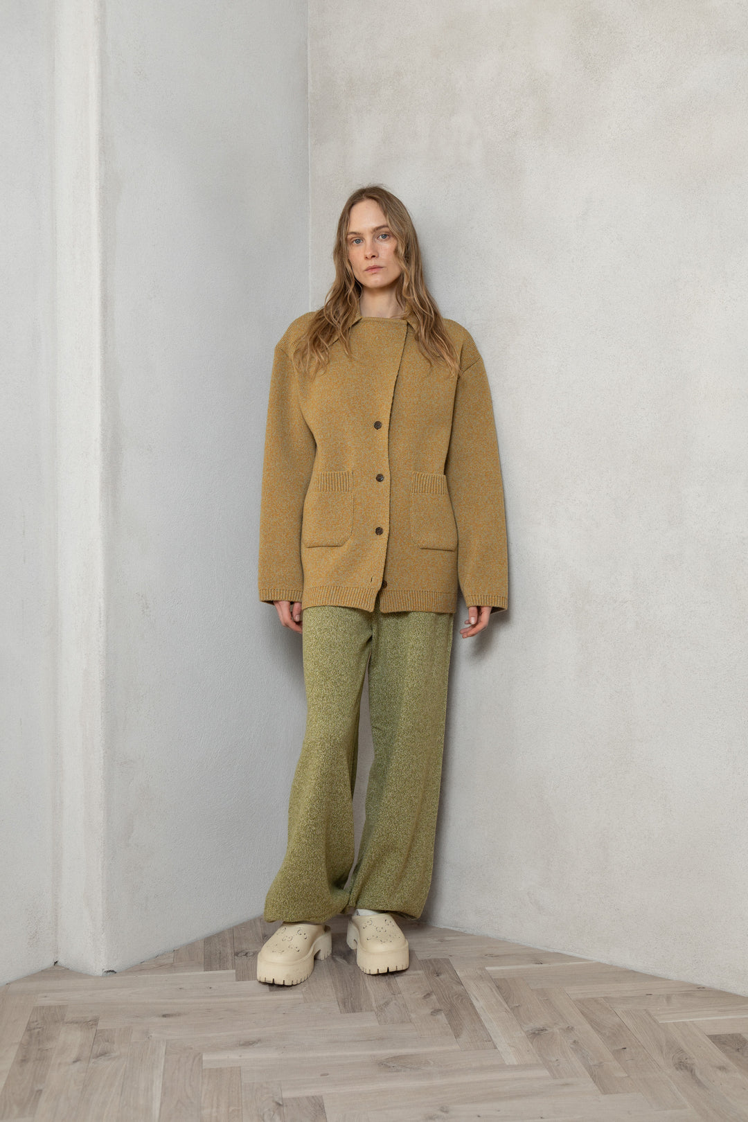 YELLOW MELANGE CASHMERE-MERINO WOOL JACKET CARDIGAN